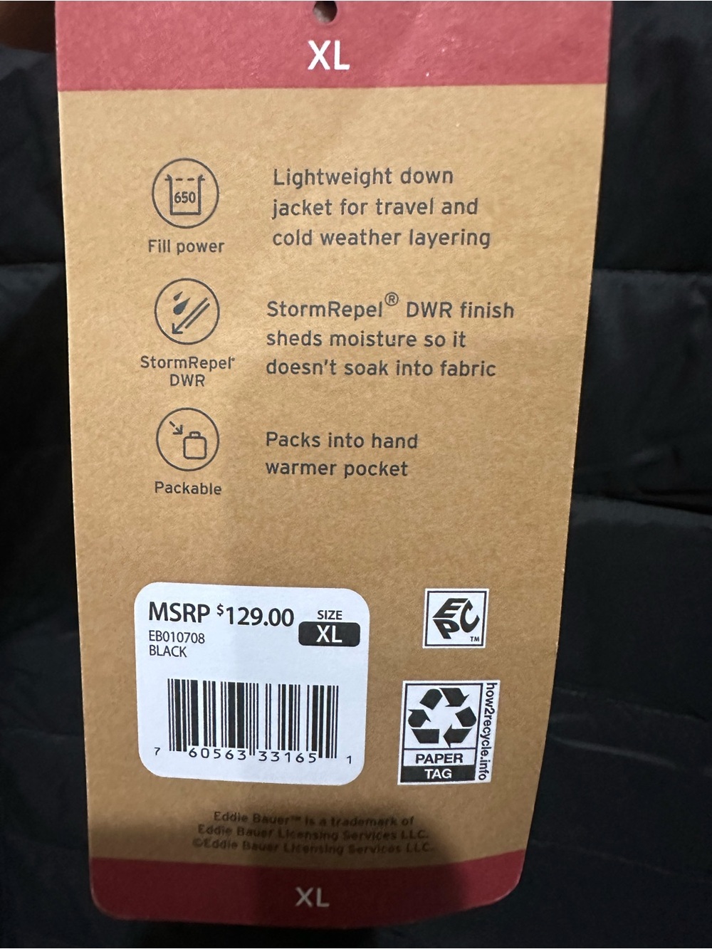 Eddie Bauer Black 650 Down Quilted Lightweight Packable Puffer Jacket Women's XL - Picture 8 of 9